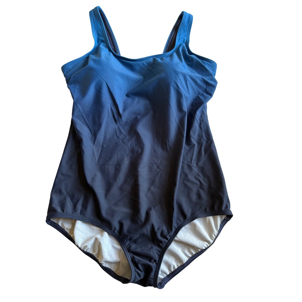 Lands' End Womens Ombre One Piece Swimsuit 14DD M/L Blue Built In Bra Stretch